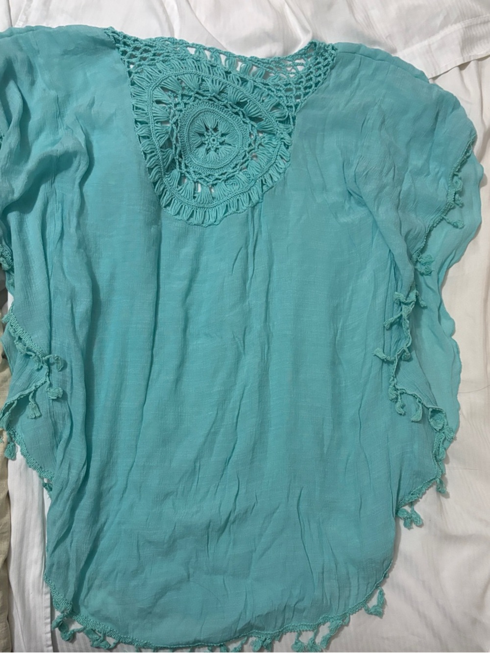 Light Teal Crochet Yoke Women's Swim Coverup